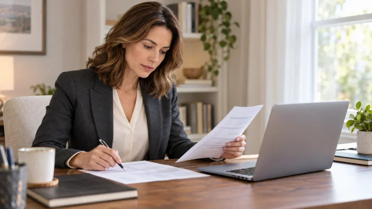 Woman comparing financial statements beside a laptop at her desk.