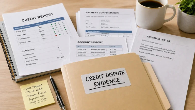 Credit dispute documents organized with a credit report, payment confirmation, account history, and creditor letter