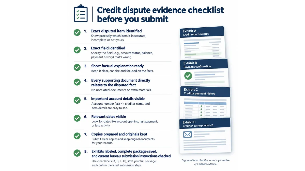 Credit dispute evidence checklist showing what to verify before submitting supporting documents