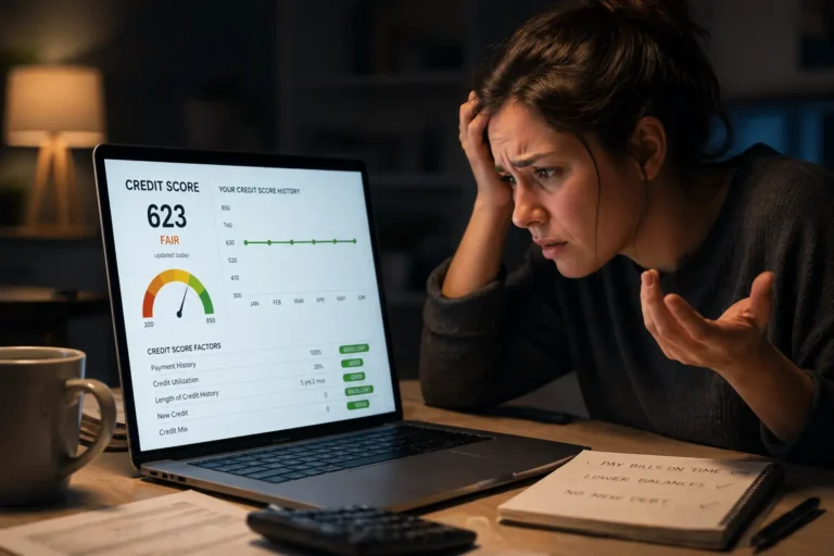 why is my credit score not increasing flat graph 623 frustrated person looking at credit score