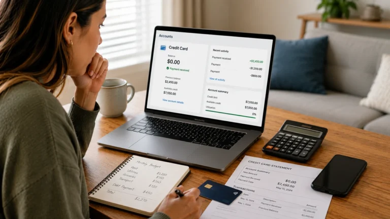 Person reviewing credit card balances after paying off debt