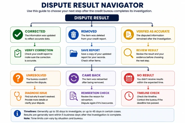 Credit dispute result navigator showing next steps for corrected, removed, verified, unresolved, reinserted, or delayed results