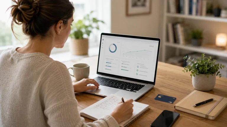 Woman reviewing credit score information and financial data on a laptop at home