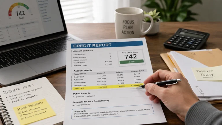 Credit report with an incorrect late payment highlighted for dispute