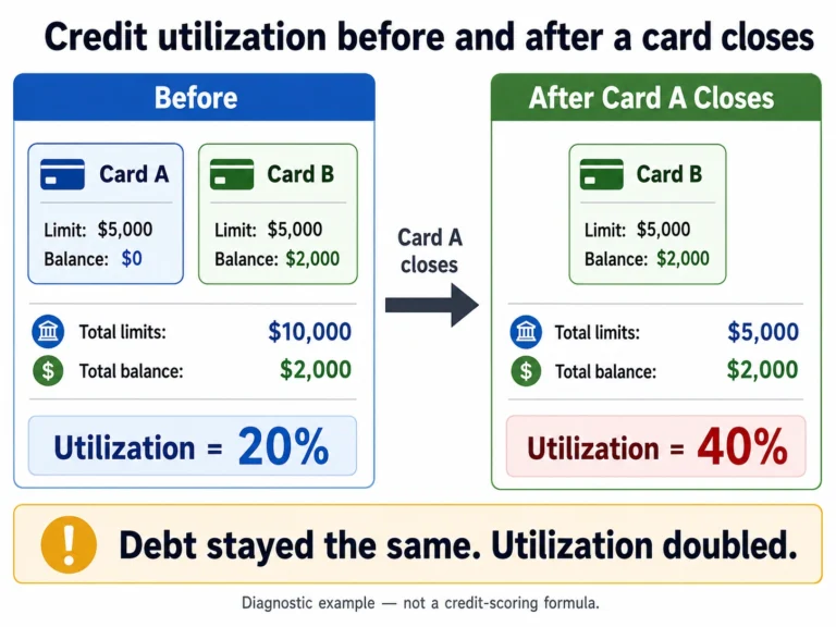 Credit utilization example showing 20% before a card closes and 40% after the card closes