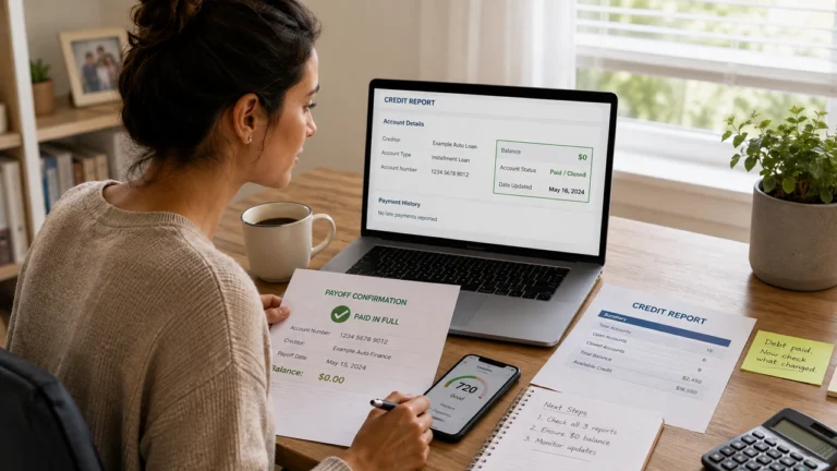 Consumer reviewing a paid-off account and credit report after paying off debt