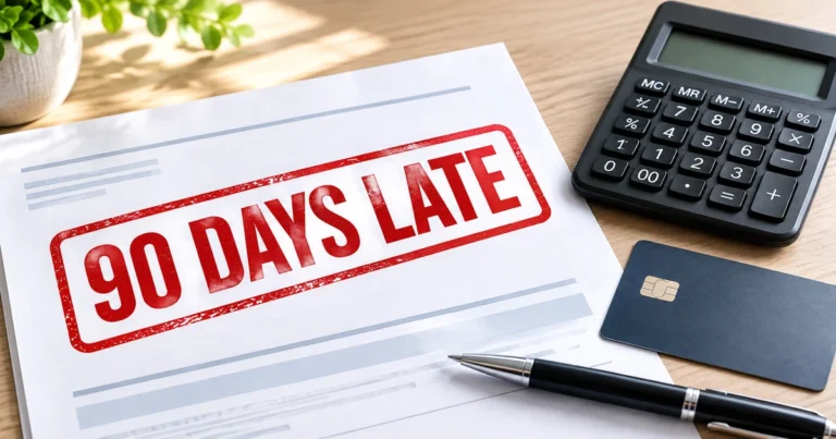 Payment statement marked 90 days late with a calculator and credit card
