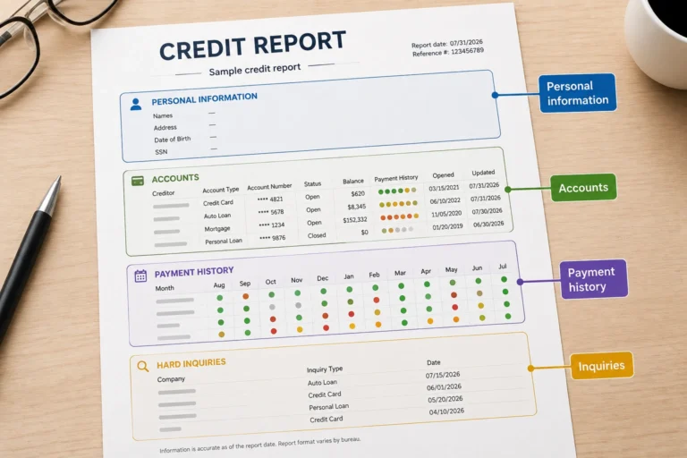 Sample credit report with key sections highlighted for review