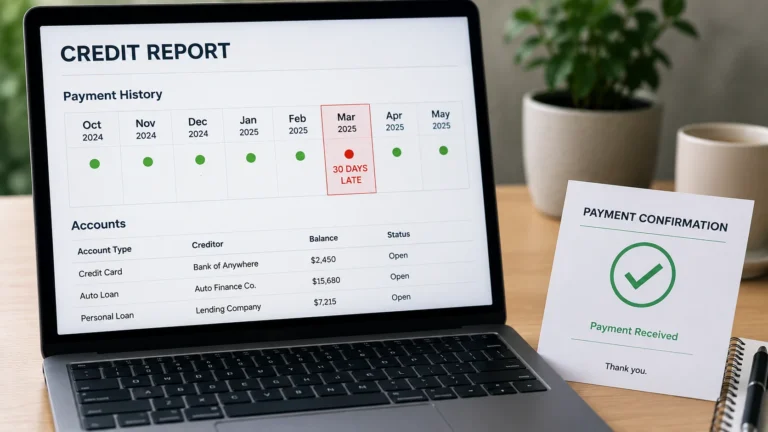 Credit report with a 30-day late payment highlighted for review