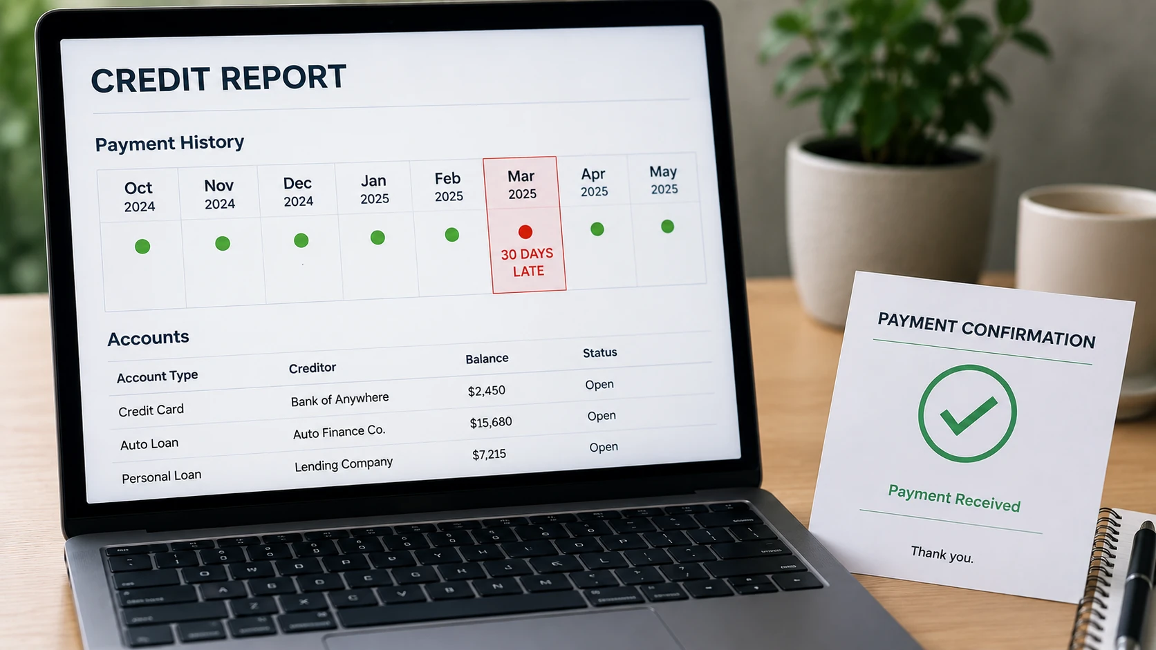 Credit report with a 30-day late payment highlighted for review
