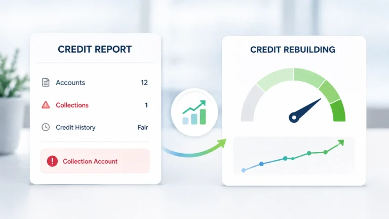Credit report with a collection account and credit rebuilding progress