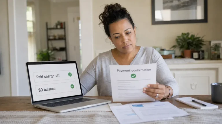 Woman reviewing a paid charge-off and $0 balance on her credit report