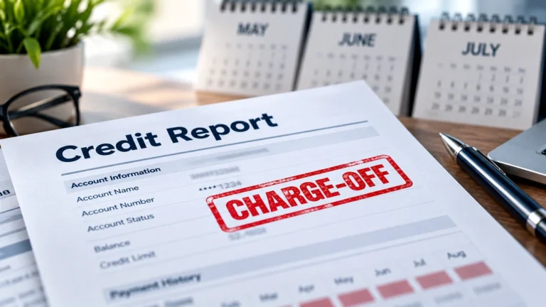 Credit report showing a charge-off with monthly calendar updates