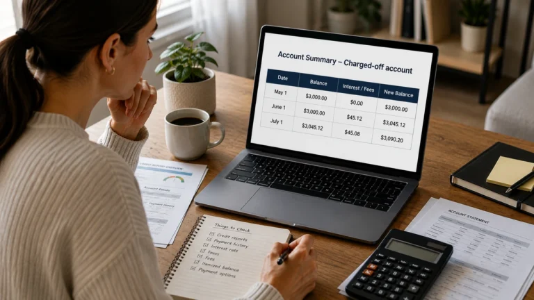 Woman reviewing an increasing charge-off balance on her credit report