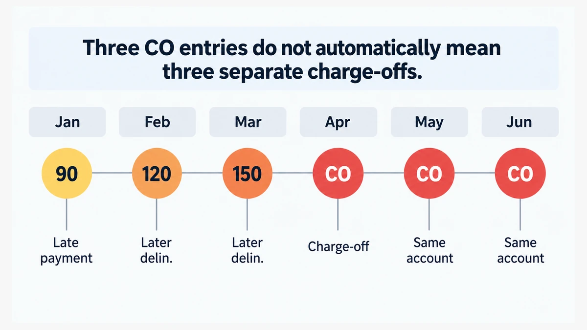 Credit report payment history timeline showing 90 120 150 and repeated CO codes for the same charged-off account