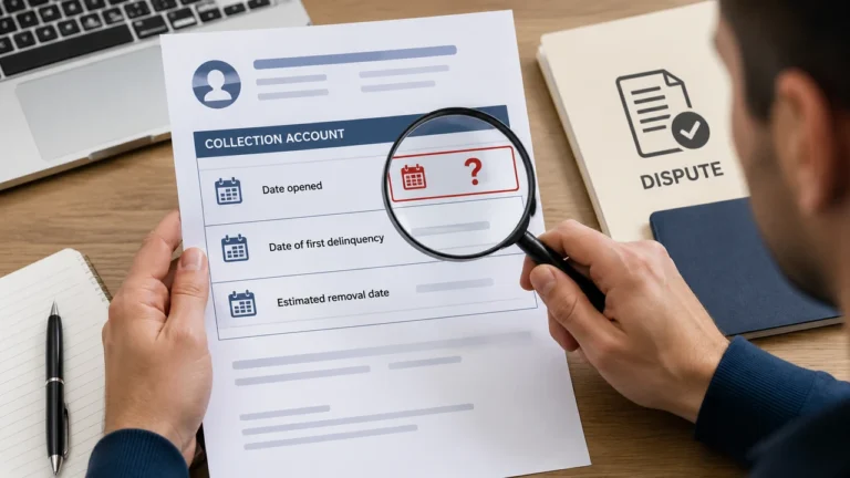 Man reviewing a collection account date opened on a credit report before filing a dispute