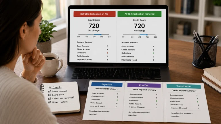 Woman comparing credit reports after a collection was removed but her credit score stayed the same