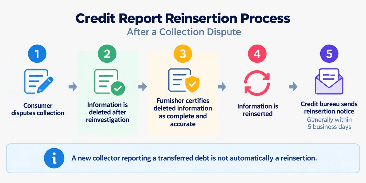 Credit report reinsertion process after a collection dispute