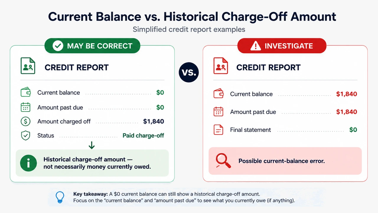 Infographic comparing a $0 current balance with a $1,840 historical charge-off amount