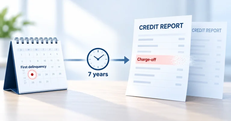 Charge-off timeline showing first delinquency, 7 years, and removal from a credit report