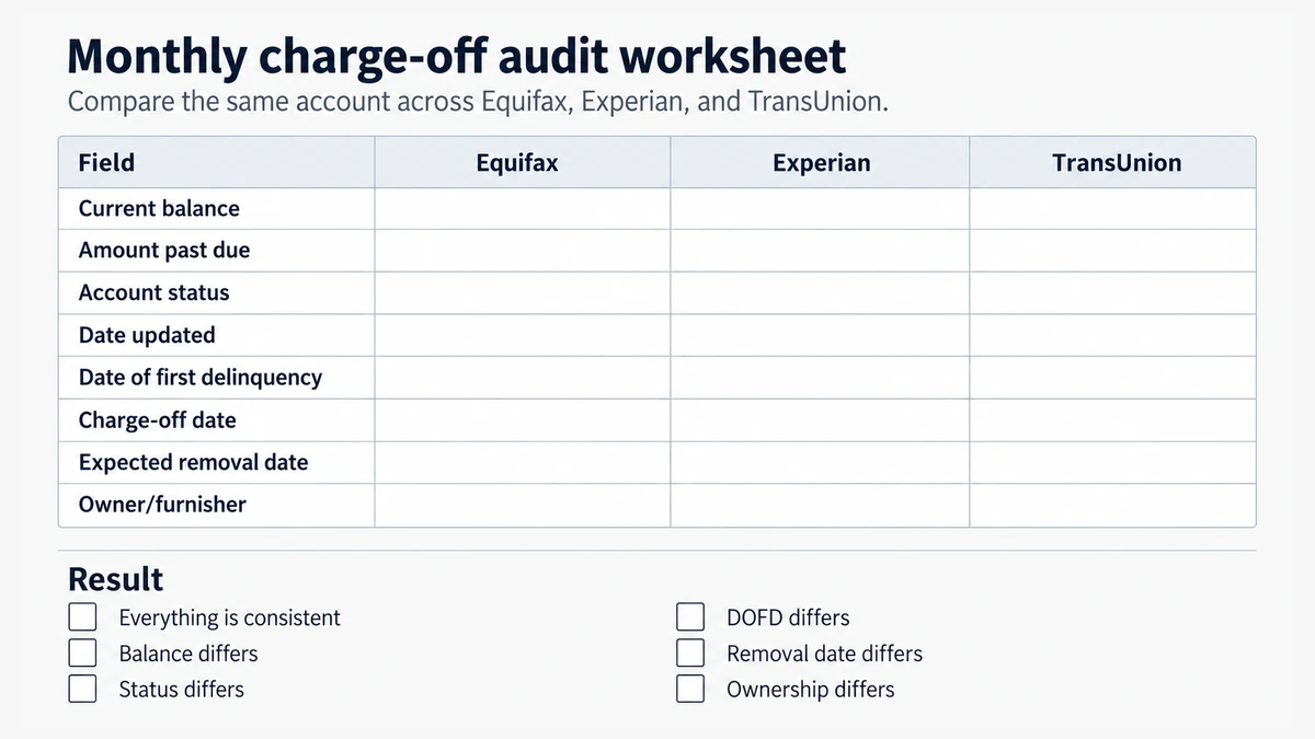 Monthly charge-off audit worksheet for comparing account details across Equifax Experian and TransUnion