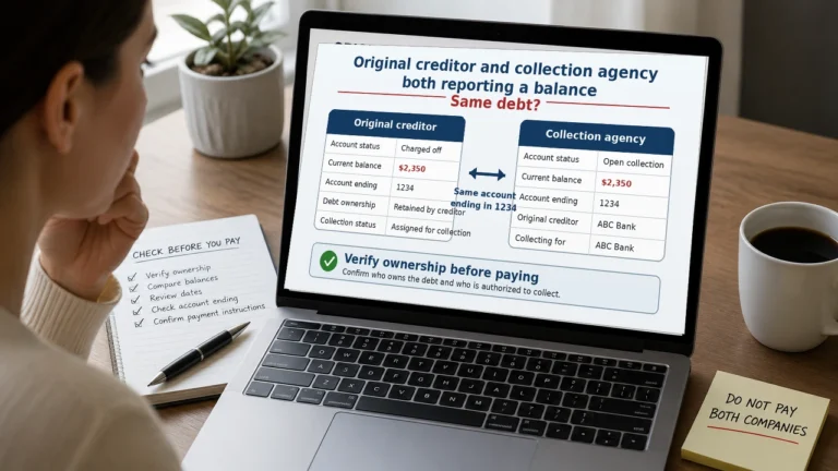 Original creditor and collection agency reporting the same $2,350 balance on a credit report