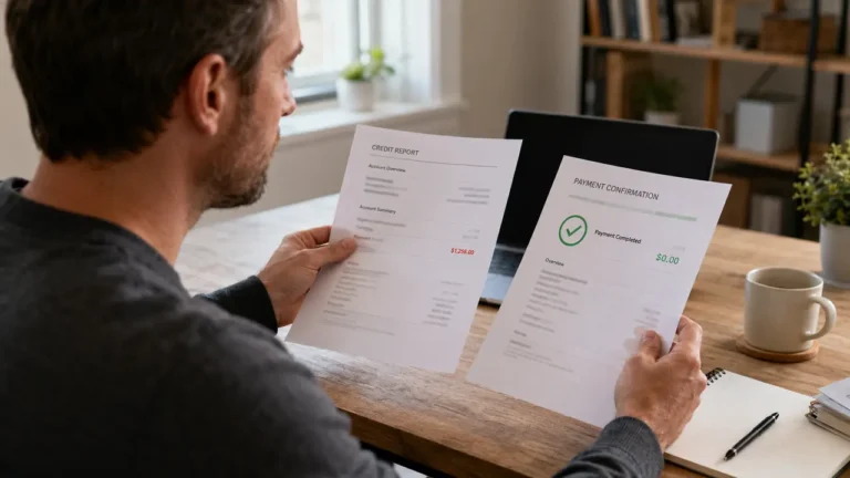 Man comparing a credit report showing a paid charge-off balance with a $0 payment confirmation