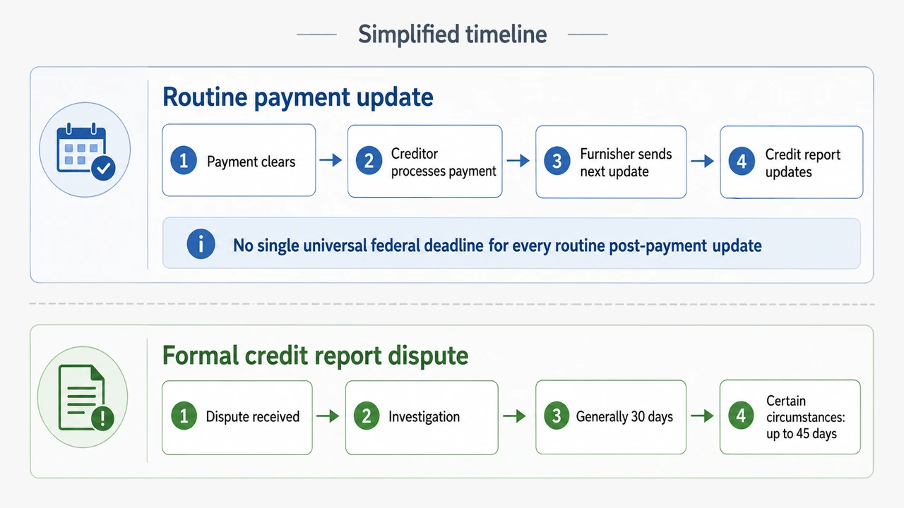 Timeline comparing a routine paid charge-off update with a formal credit report dispute
