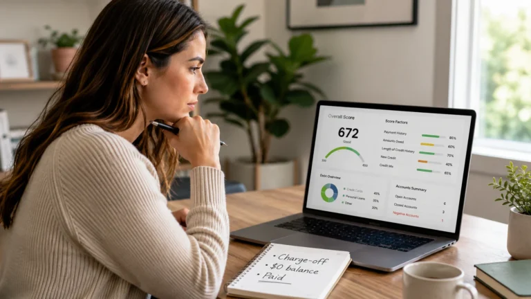Woman reviewing how paying a charge-off may affect her credit score