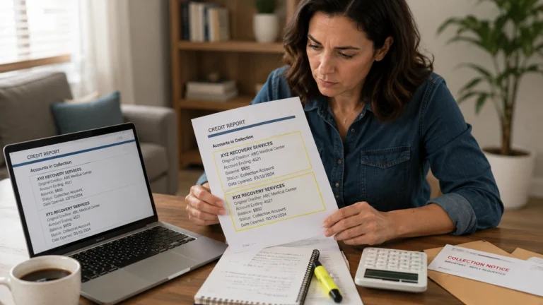 Woman comparing two matching collection accounts on her credit report
