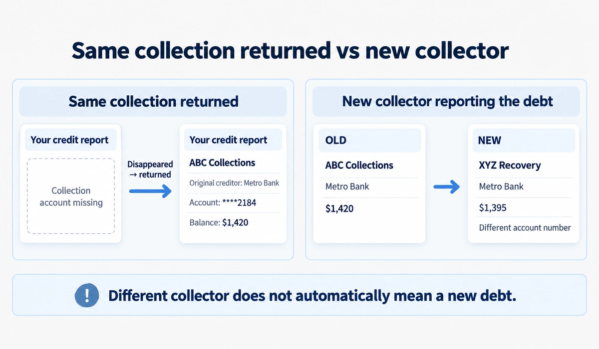 Same collection returned versus a new collection agency reporting the debt