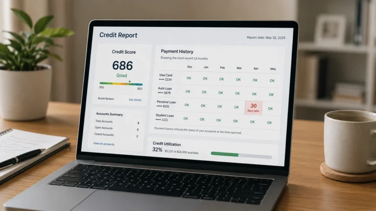 30-day late payment shown on a credit report next to a lower credit score