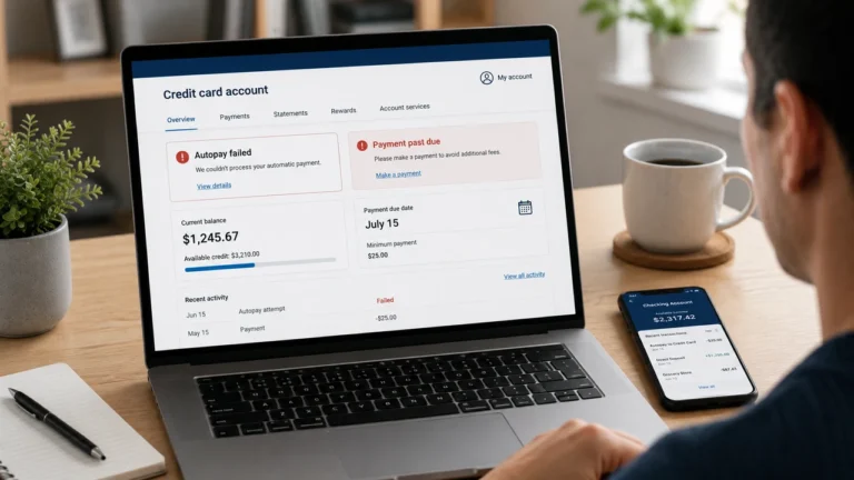 Credit card account showing an autopay failure and past-due payment warning