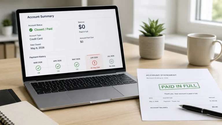 Closed paid account with a $0 balance showing a new 30-day late payment