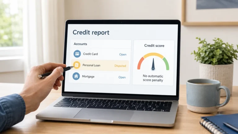 Credit report showing a disputed account and no automatic credit score penalty
