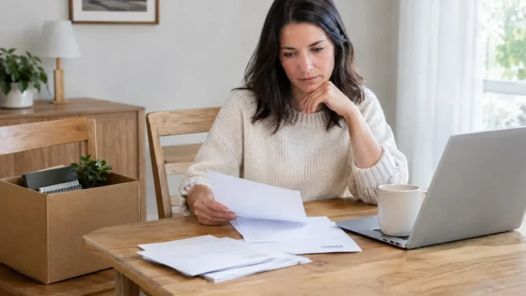 Woman reviewing household bills at home beside a laptop after a job loss
