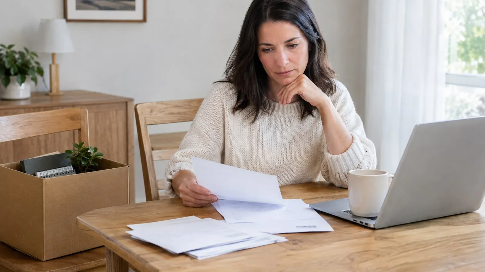 Woman reviewing household bills at home beside a laptop after a job loss