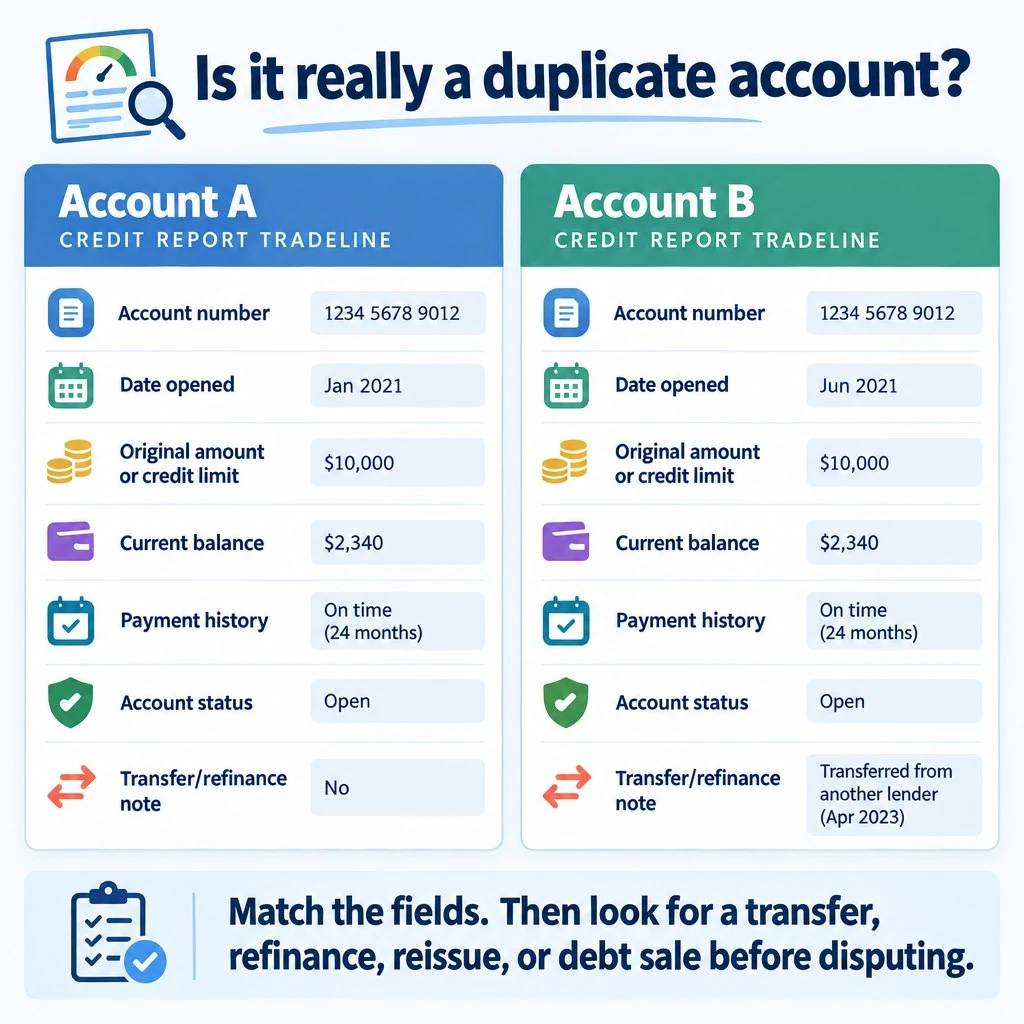 Duplicate account on credit report comparison of two tradelines