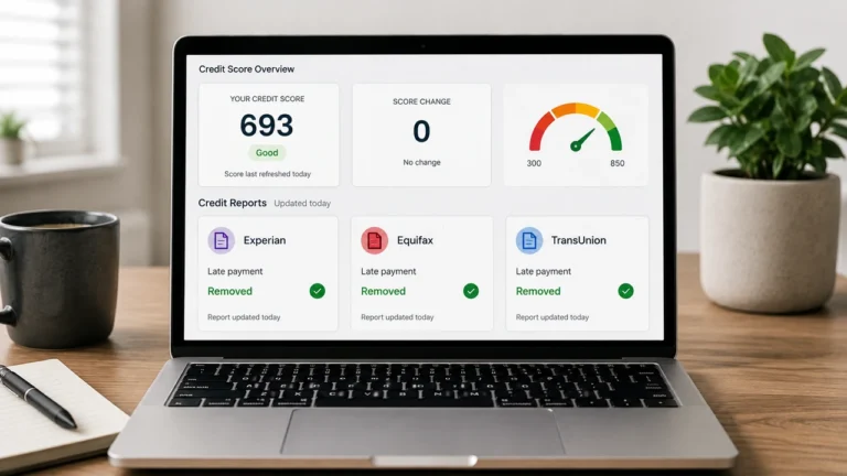 Credit report showing a removed late payment while the credit score remains unchanged