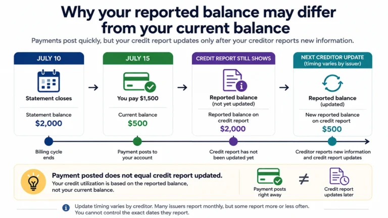 Timeline showing why a reported credit card balance can differ from the current balance after a payment
