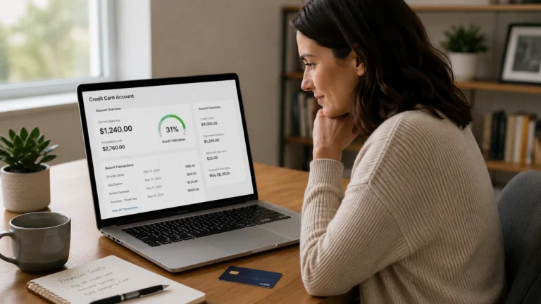 Woman reviewing credit card balance, available credit and credit utilization on a laptop