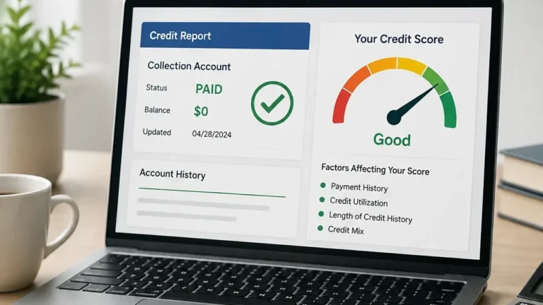 Laptop showing a paid collection with a $0 balance, a credit score dashboard, and a credit report checklist.