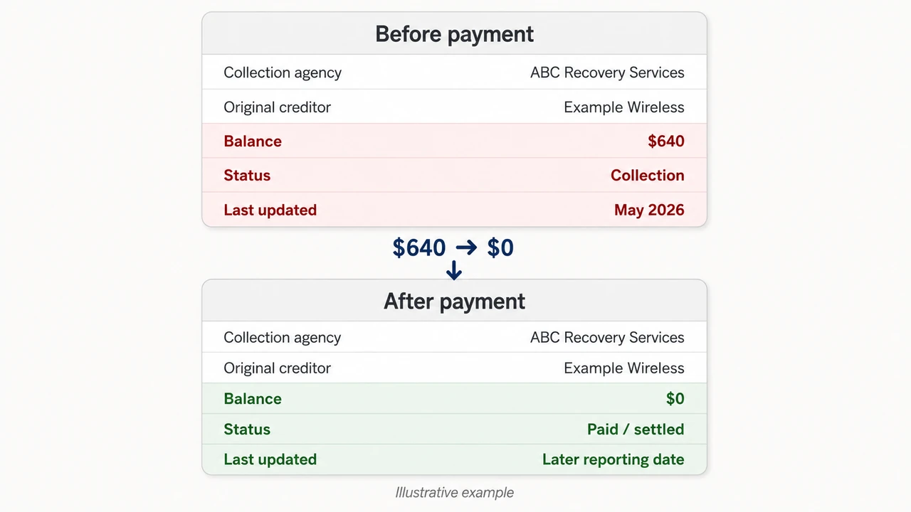 Before-and-after collection account example showing the balance changing from $640 to $0, the status changing to paid or settled, and a later update date.