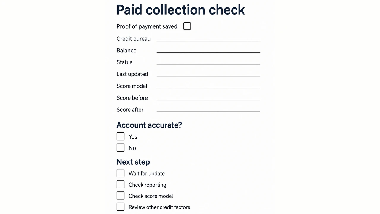 Worksheet for checking a paid collection, including payment proof, credit bureau, balance, status, update date, and credit score details.