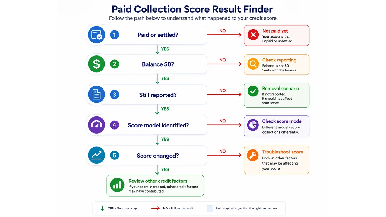 Decision tree showing what to check after paying a collection, including the balance, reporting status, score model, and score change.