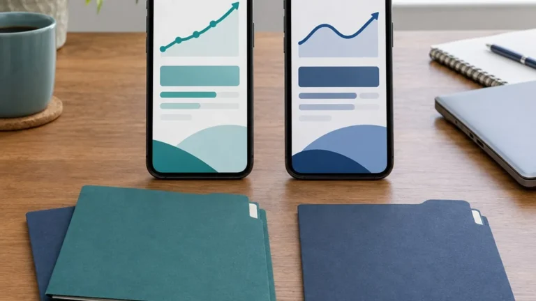 Two generic credit score views beside three credit report folders.