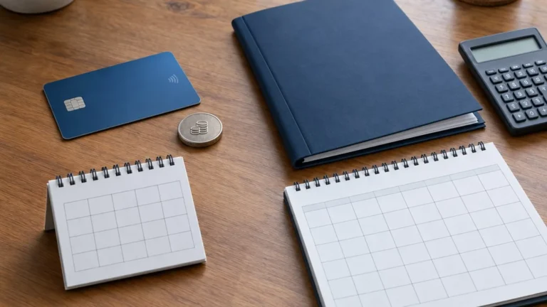 Balance transfer card and consolidation loan paperwork beside two payment calendars.