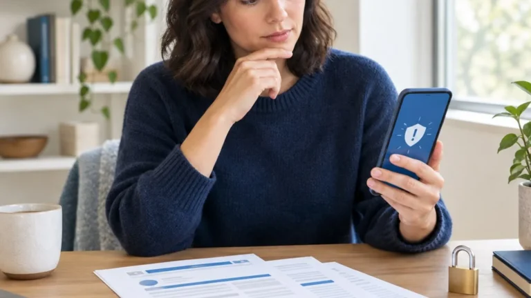 Woman reviews credit reports and a phone security alert at a desk with a padlock.