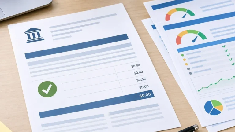 Paid account statement showing a zero balance beside credit report illustrations.