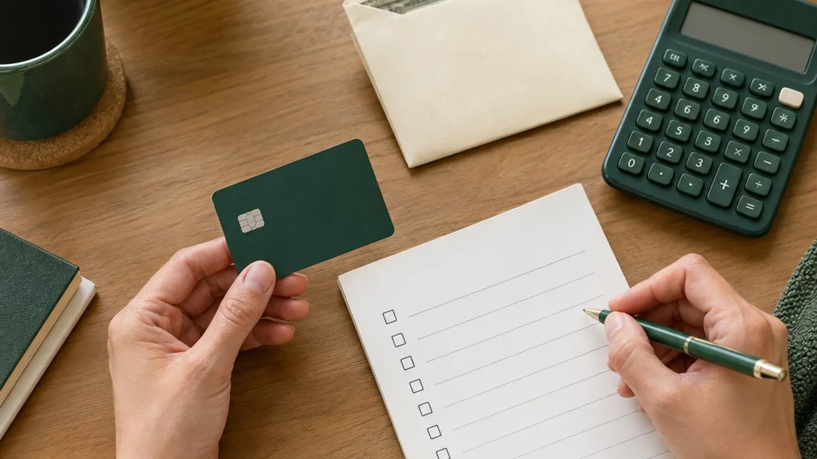 Secured credit card, cash deposit envelope, and comparison checklist.